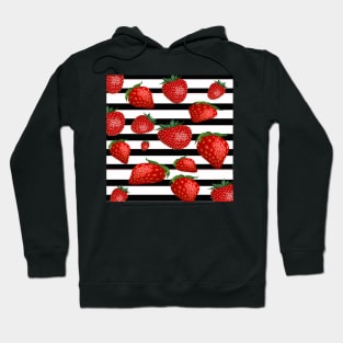 Happy Strawberry Design, Black & White Stripes & Strawberries Hoodie